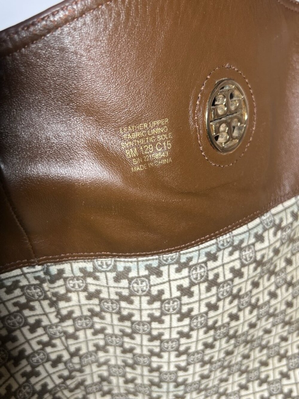 Tory Burch Junction Brown Pebbled Leather Riding Boots Size 8M Gold Logo - Picture 15 of 16